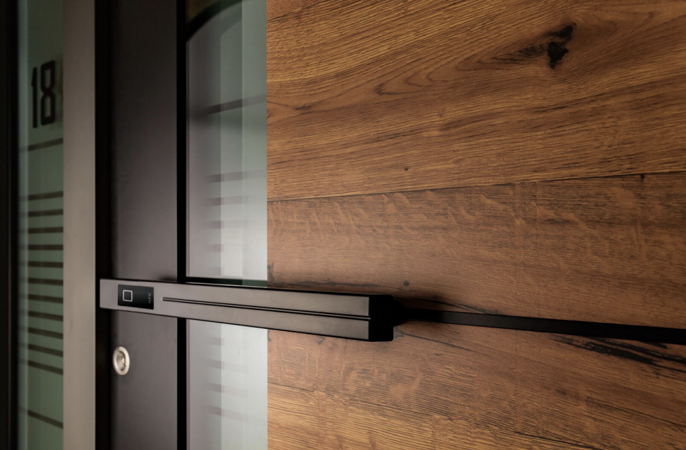 Eine braune Haustür mit einem modernen Türgriff und Verglasung.