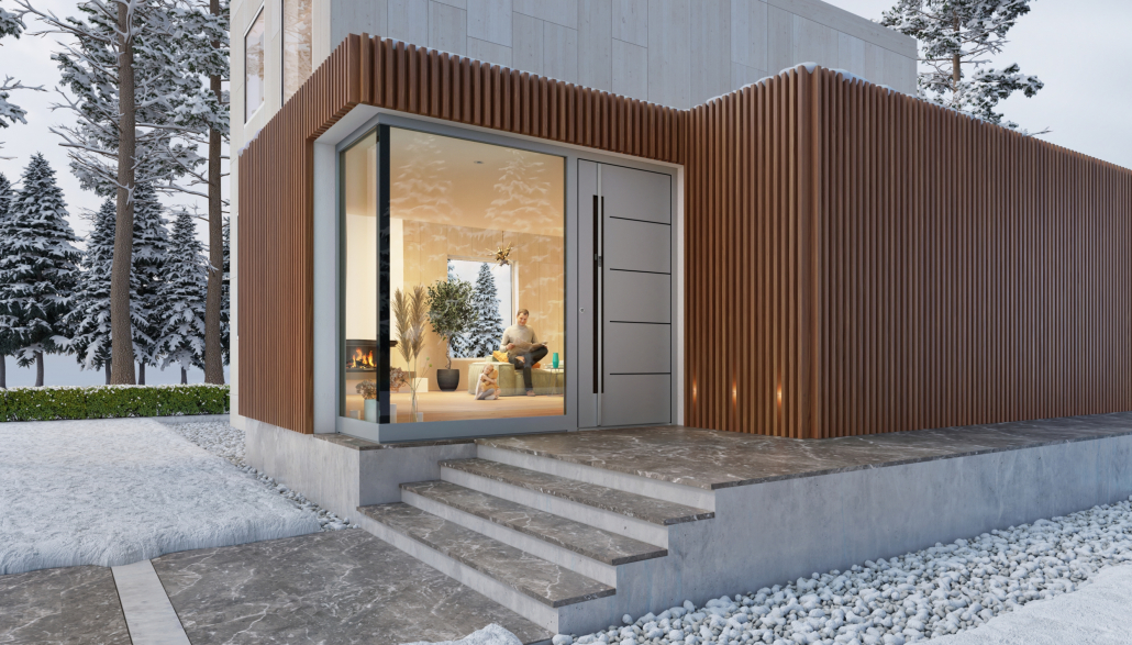 Eine moderne Haustür als Teil eines modern ausgestatteten Hauses.