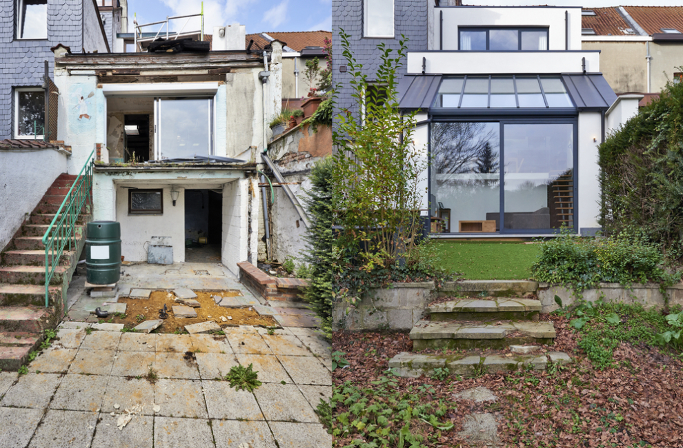 Prenova stare vrstne hiše - pred in po prenovi.