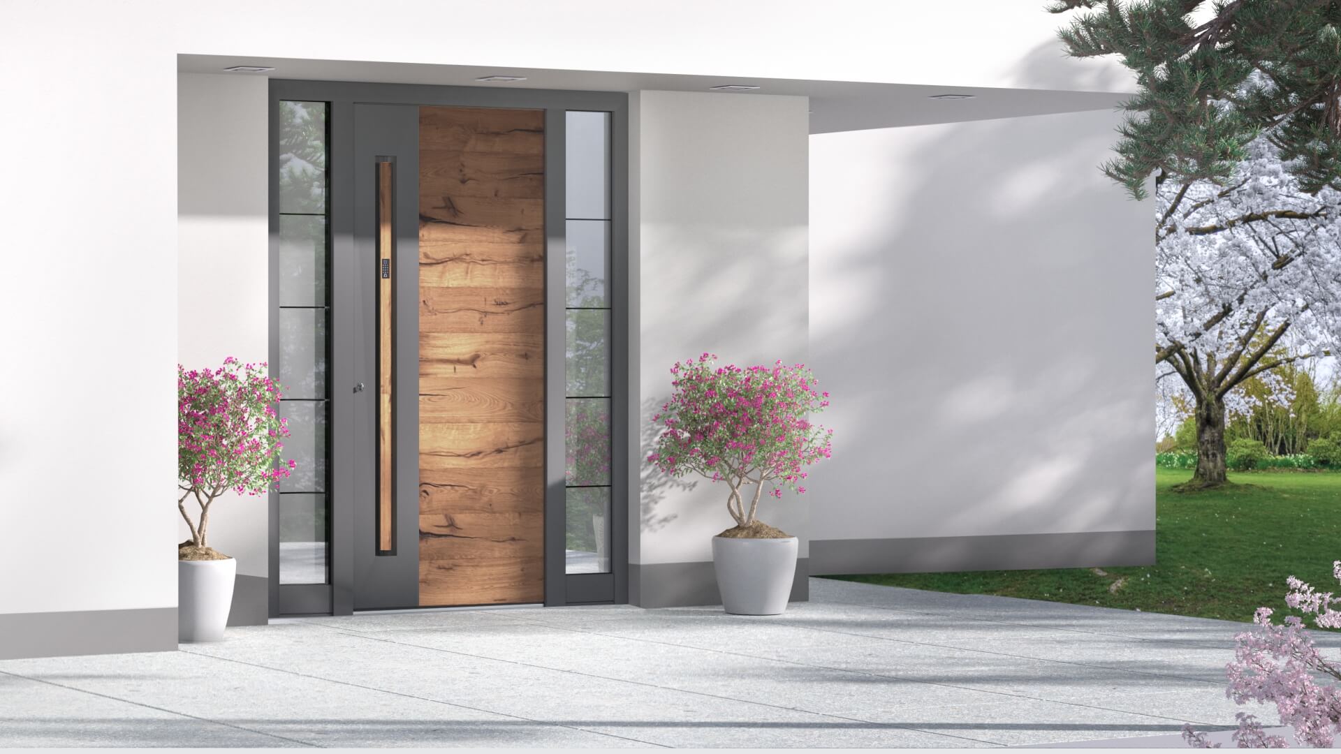 Moderna aluminijasta vhodna vrata z dvema obsvetlobama v sivi barvi ter z lesnim dekorjem.