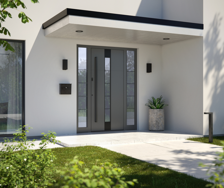 Antracitno siva alu vhodna vrata z levo ter desno obsvetlobo.