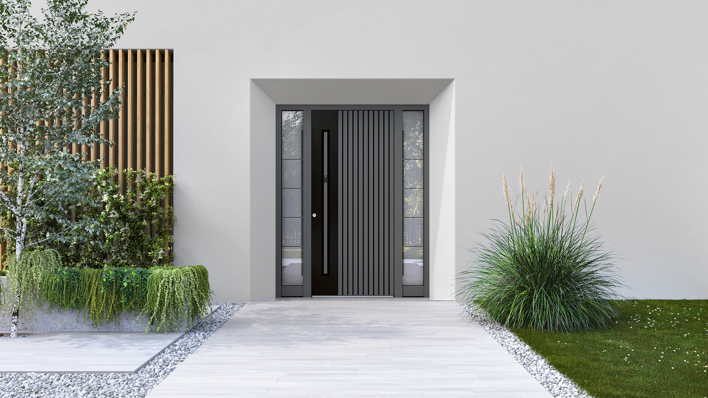 vhod v sivih odtenkih v kombinaciji s črnim delom panela in zelenjem pred vhodom