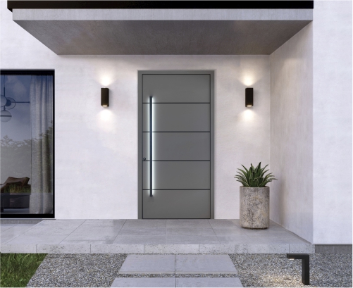dovršena siva vrata z LED osvetljenim ročajem