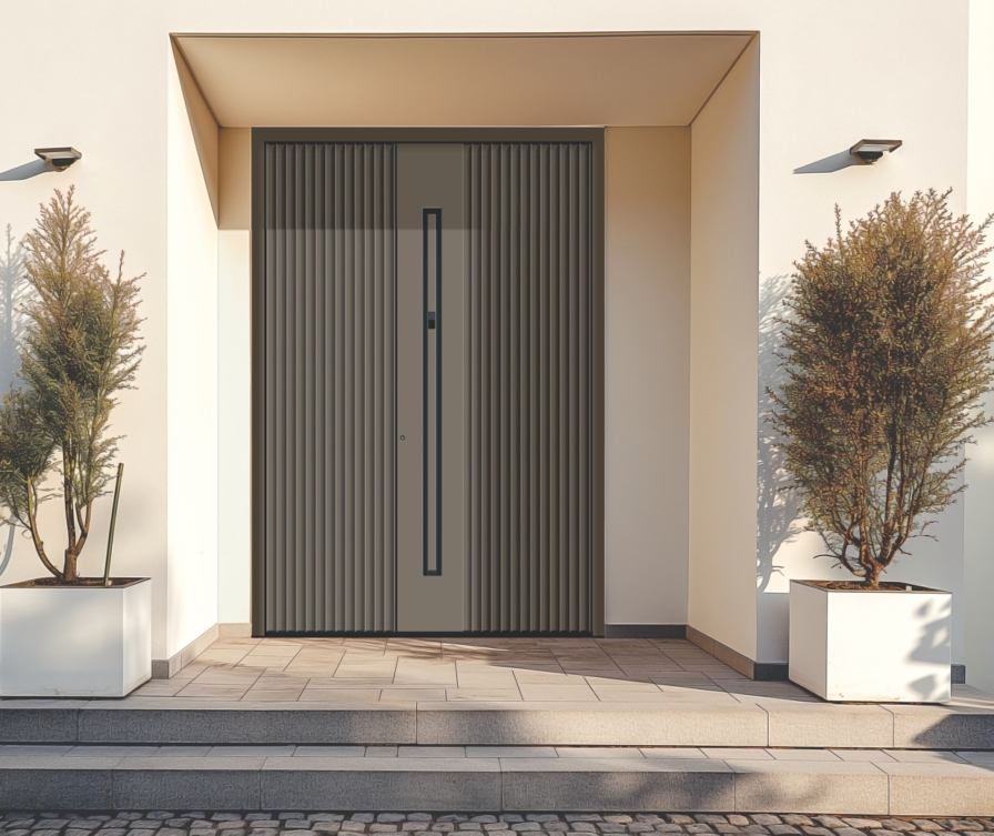 Dvokrilna vhodna vrata v sivi barvi s 3D dekor elementi