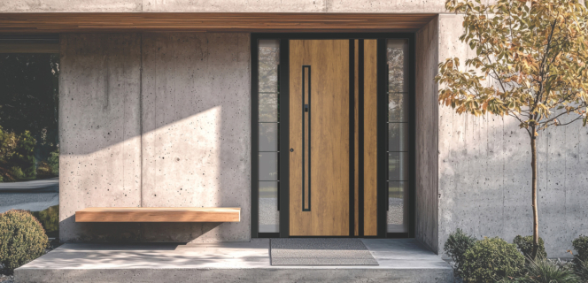 Moderna vhodna vrata z lesnim dekorjem in poglobljenim ročajem z Inosmart sistemom