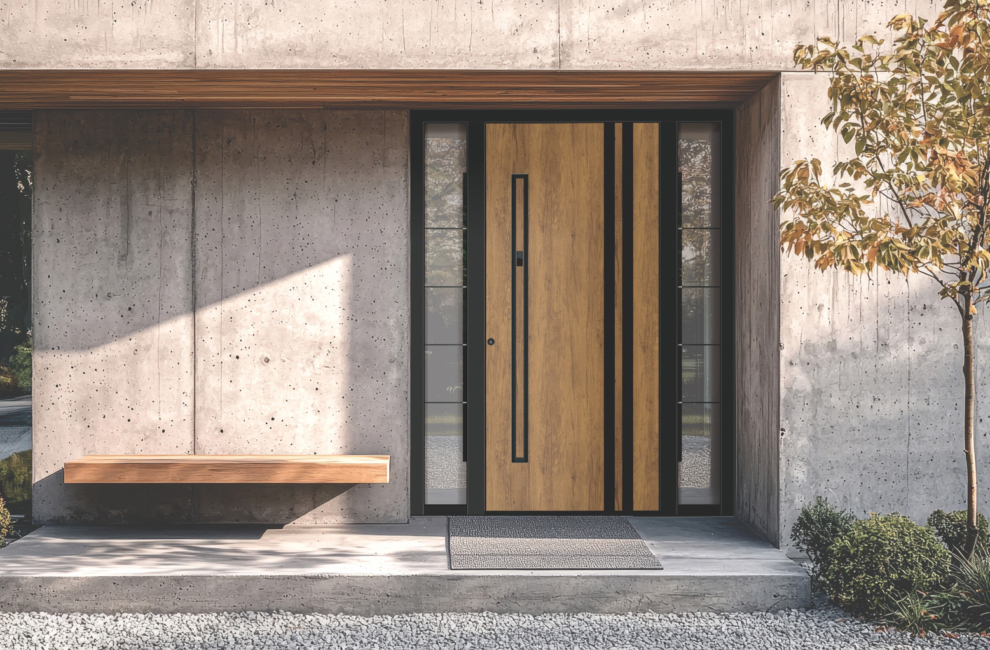 Moderna vhodna vrata z lesnim dekorjem in poglobljenim ročajem z Inosmart sistemom