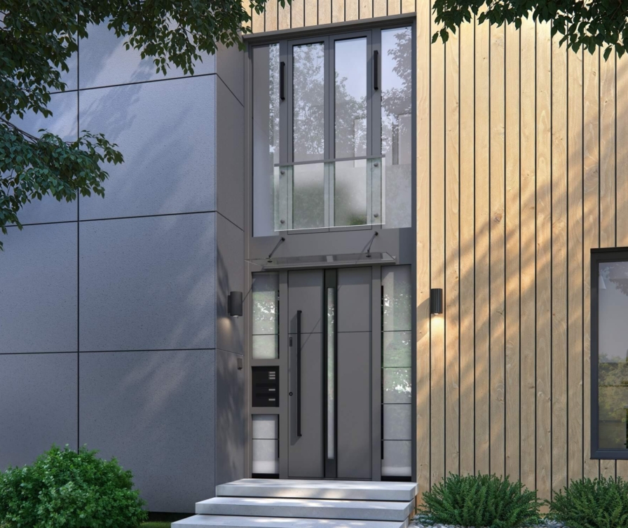 Vhodna vrata z obilico svetlobe in nadetažnim elementom s steklom