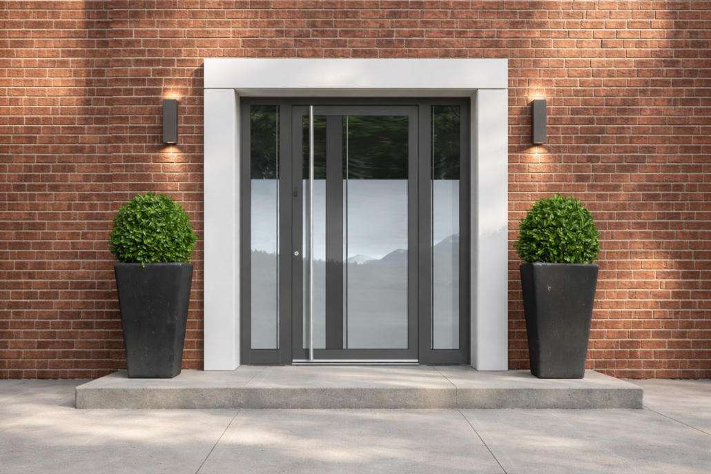 Steklena vhodna vrata za blok na opečati fasadi