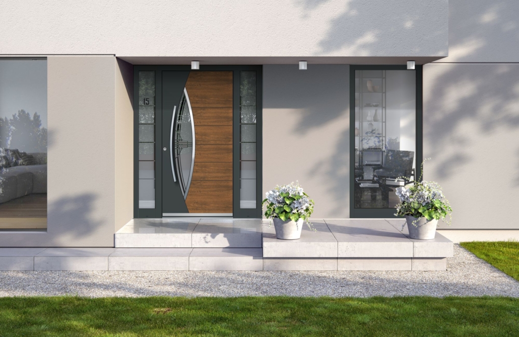 Bež fasada z velikim sivim oknom in sivimi vhodnimi vrati z lesnim dekorjem