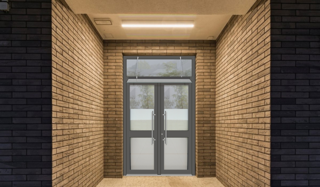 Dvokrilna steklena vhodna vrata na rjavkasti opečnati fasadi