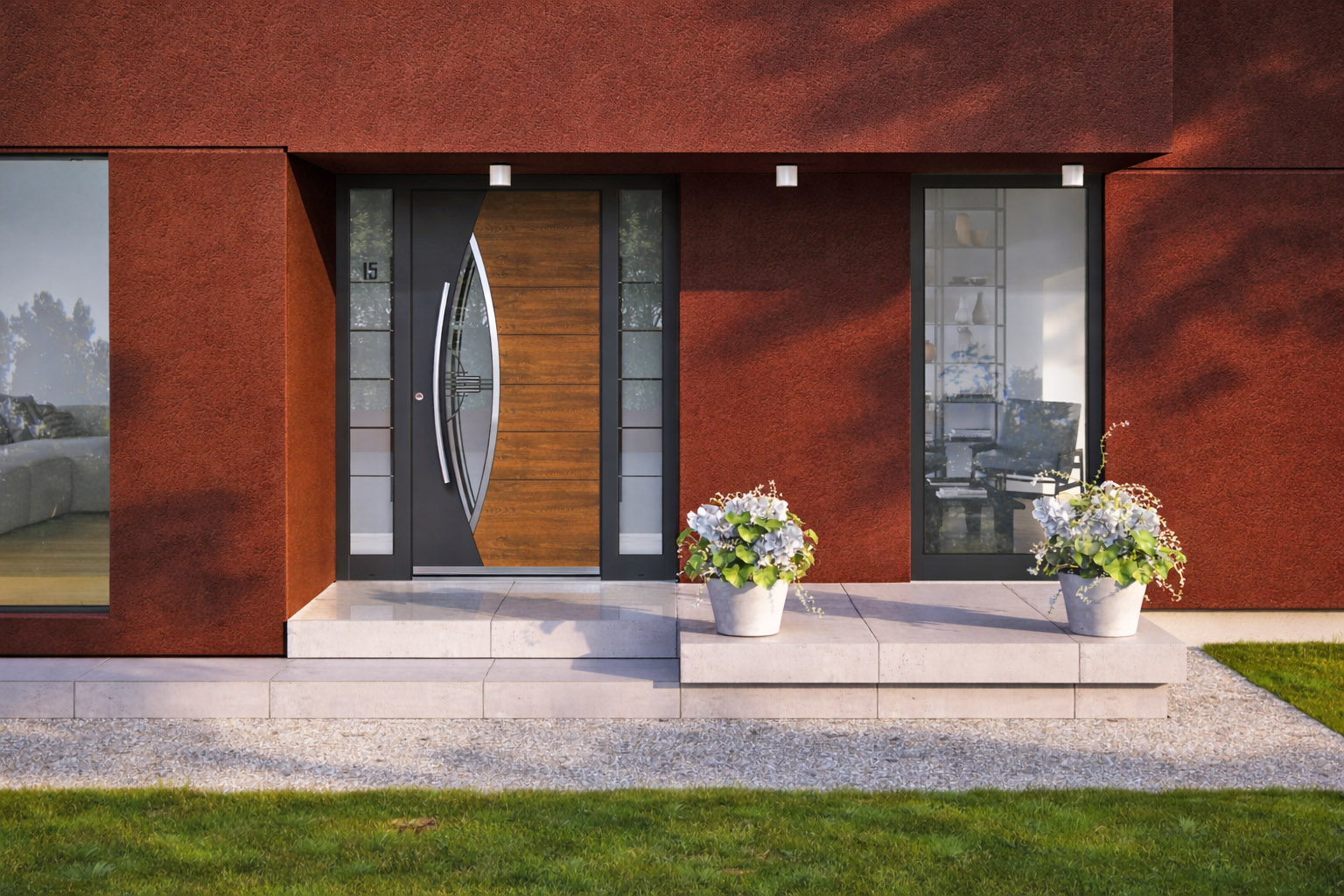 Živa fasada rdeče barve, veliko sivo okno in siva vhodna vrata z lesnim dekorjem
