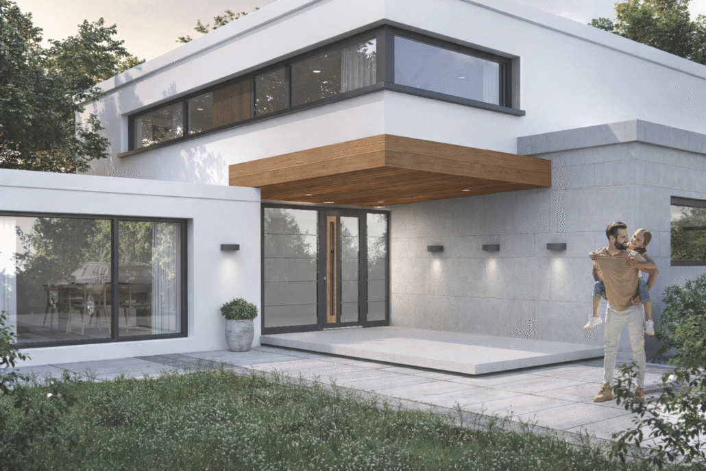 vertiljak_2 Moderna hiša z ujemajočimi se sivimi okni in vrati ter lesenim nadstreškom, ki se ujema z lesnim dekorjem na sivih vratih