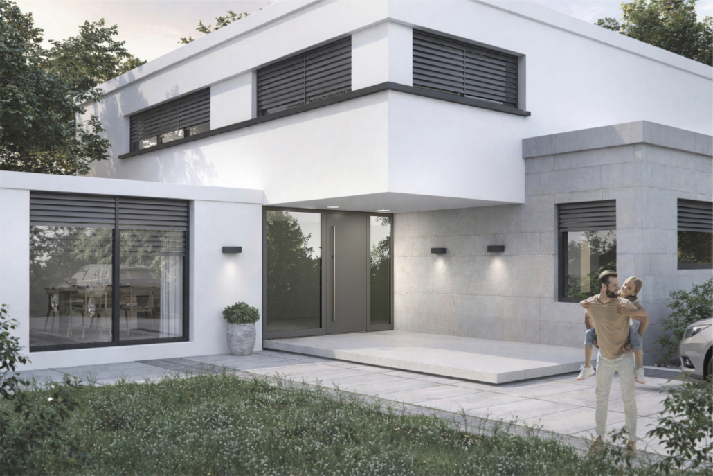 vrtiljak_1 Moderna hiša z ujemajočimi se sivimi senčili in okni ter rahlo svetlejšim sivim odtenkom vhodnih vrat