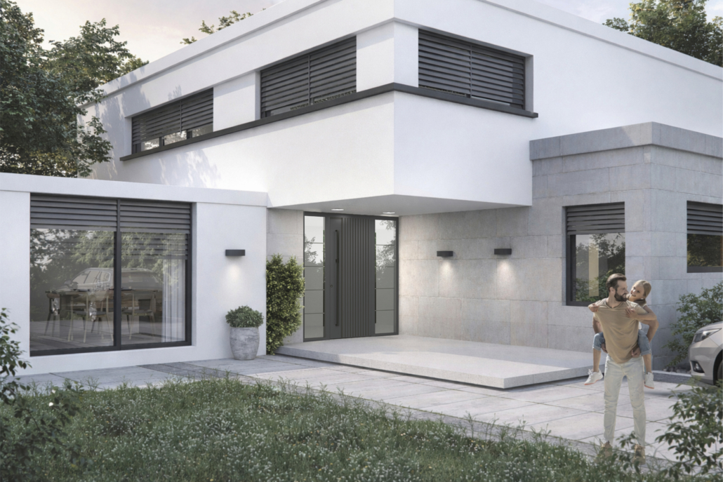 vrtiljak_3 Moderna hiša z ujemajočimi se sivimi senčili, okni in vhodnimi vrati