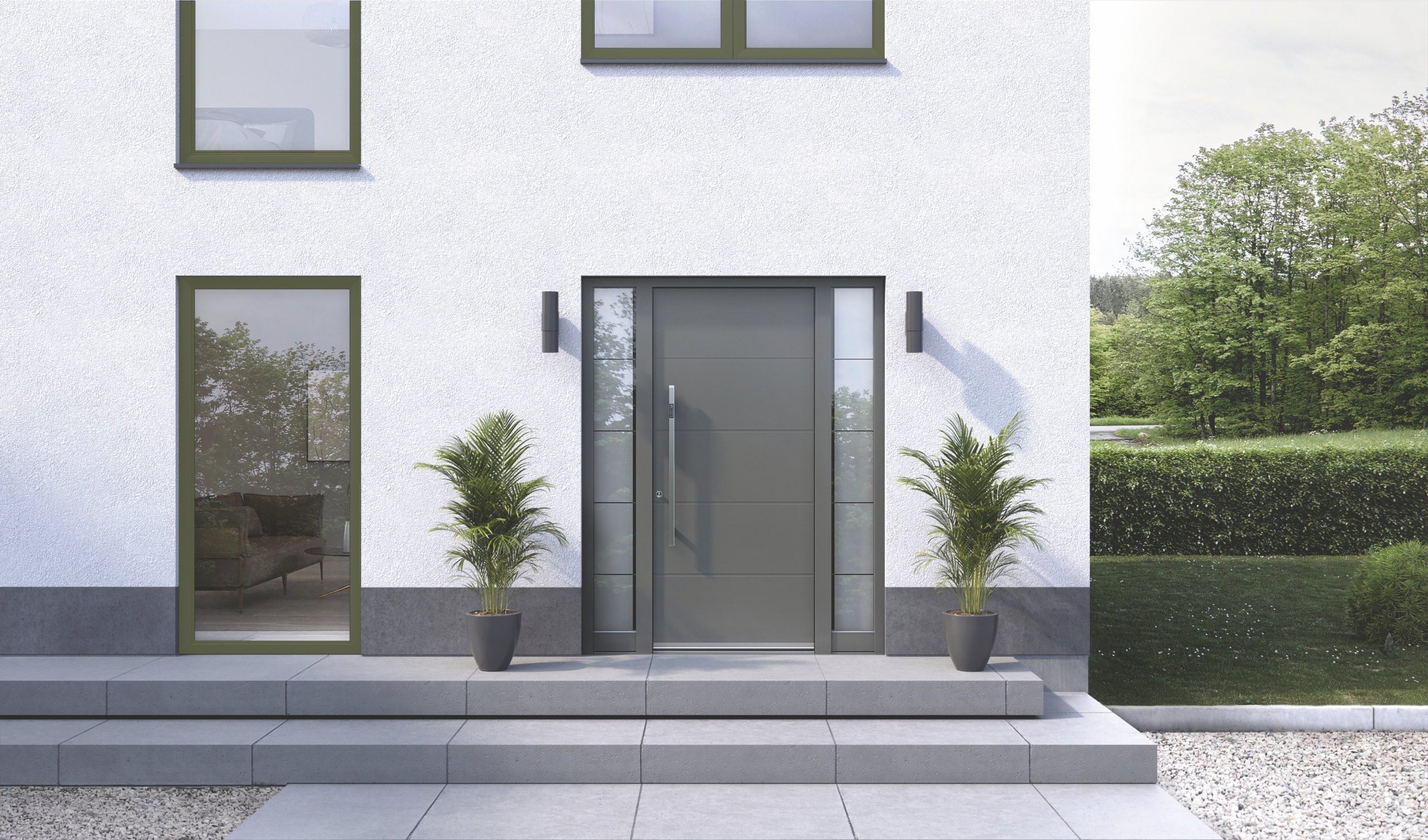 Pročelje hiše s sivimi vhodnimi vrati in zelenimi okni