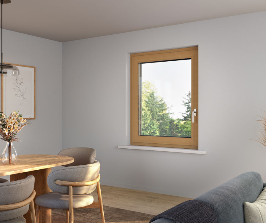 Interier s pogledom na enokrilno okno v lesnem dekorju