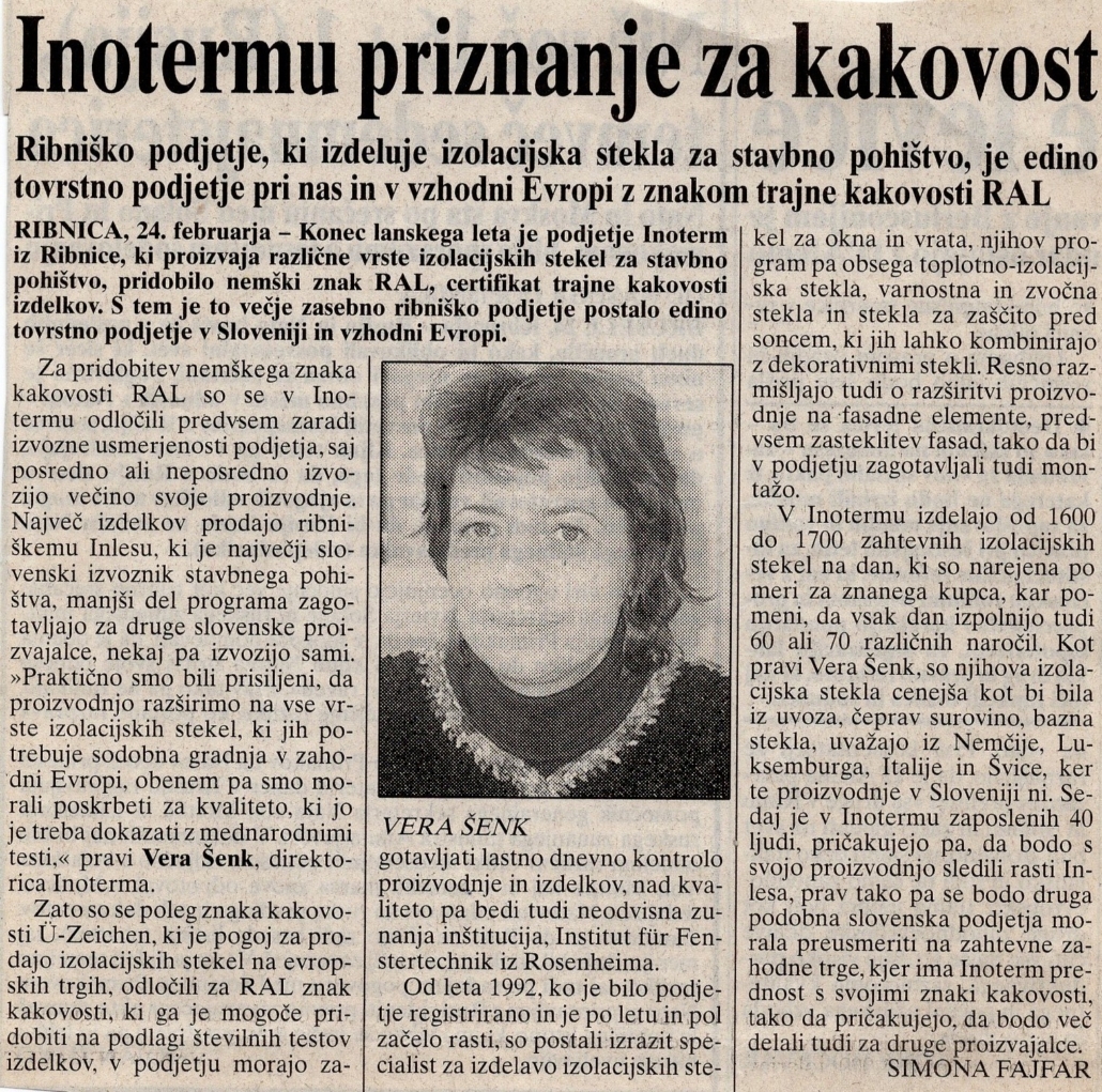 Star članek v reviji o podeljenem priznanju podjetju Inotherm za kakovost