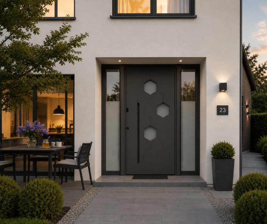 Moderna hiša s sivimi antracit vhodnimi vrati, šesterokotnimi stekli in posebnim ročajem