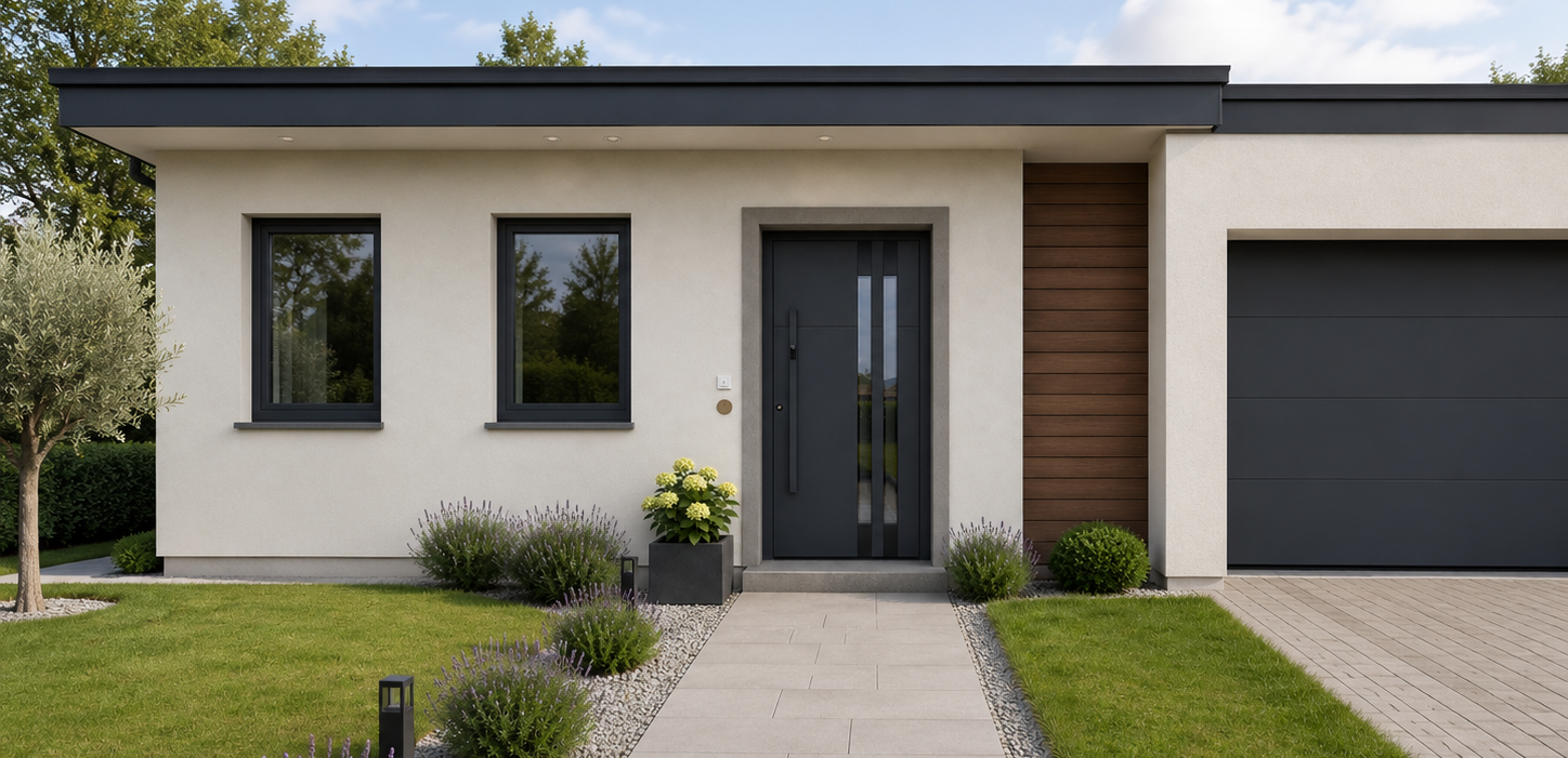 Enostavna minimalistična hiša s črnimi aluminijastimi okni in preprostimi črnimi vhodnimi vrati z dvema steklenima vložkoma