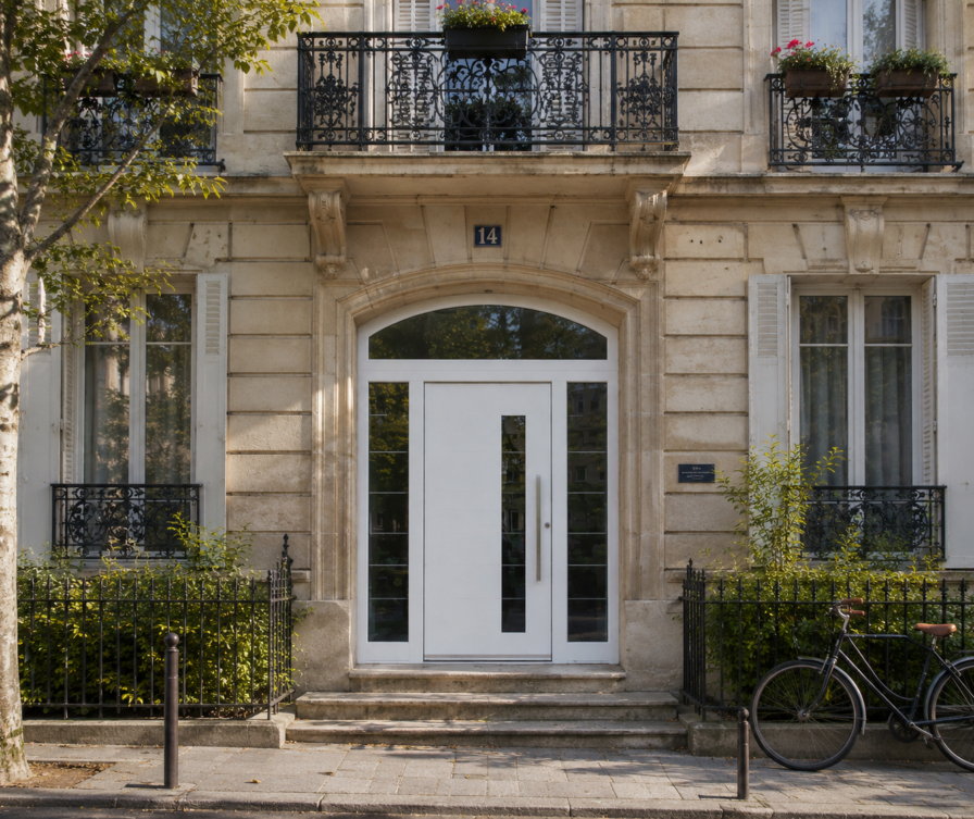 Rustikalna stara stavba z belimi vrati z lokom, obsvetlobo in nadsvetlobo